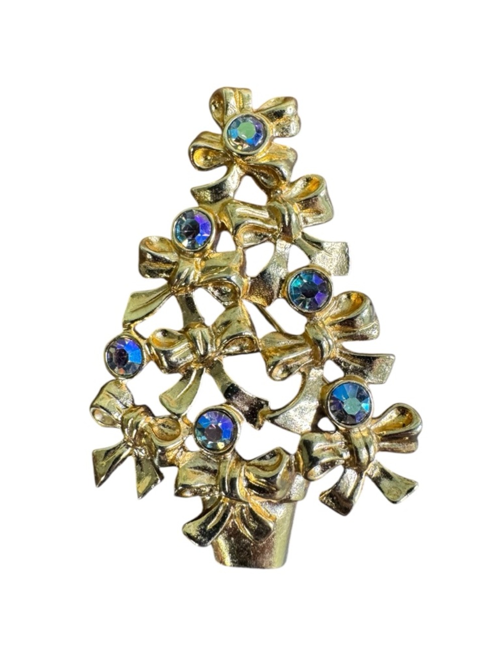 Avon Gold-tone Bow Christmas Tree Brooch with Blue Aurora Rhinestones